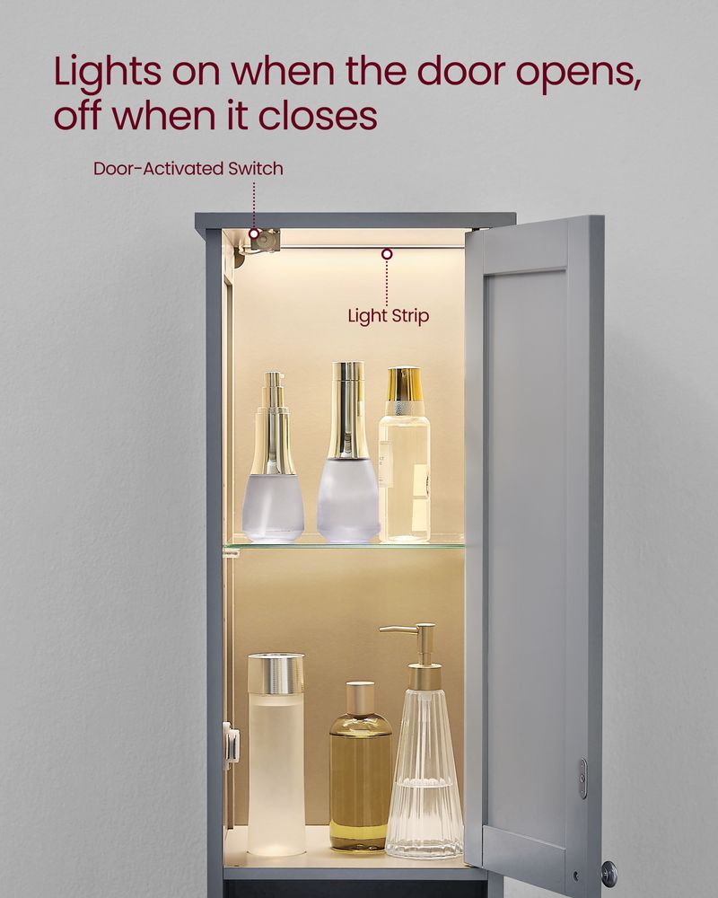 Tall Narrow Bathroom Cabinet | Door Activated Light With Adjustable Shelves