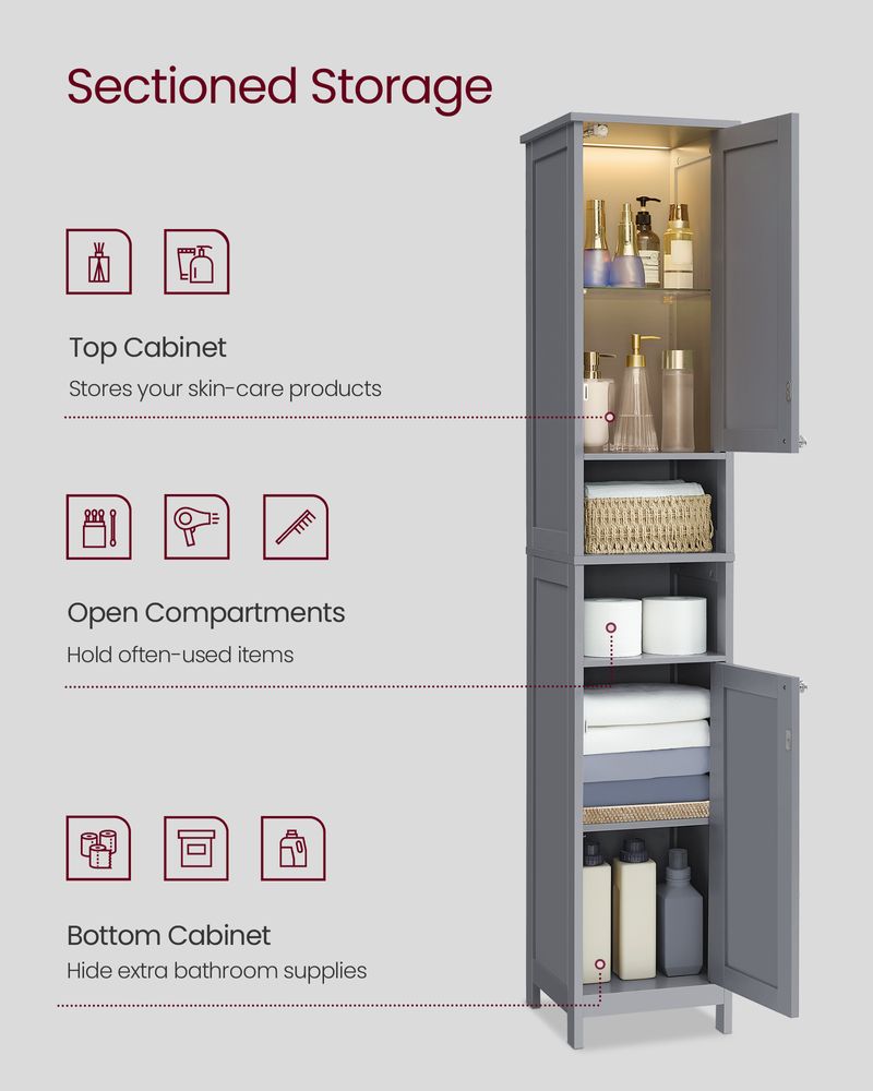 Tall Narrow Bathroom Cabinet | Door Activated Light With Adjustable Shelves