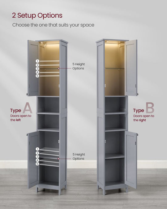 Tall Narrow Bathroom Cabinet | Door Activated Light With Adjustable Shelves