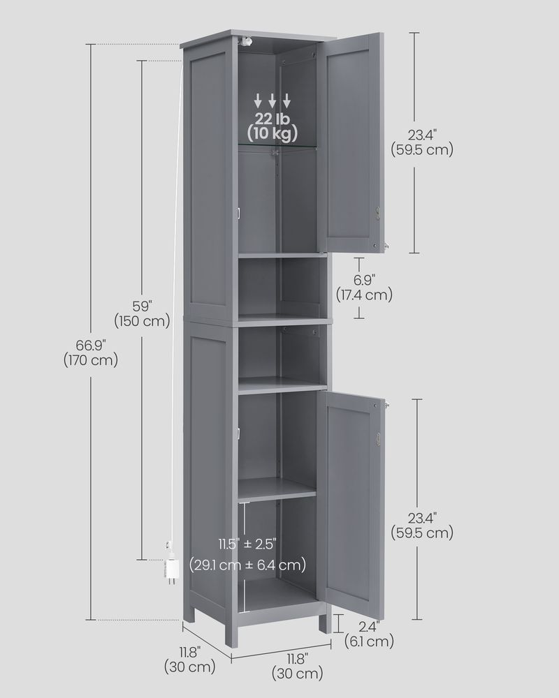 Tall Narrow Bathroom Cabinet | Door Activated Light With Adjustable Shelves