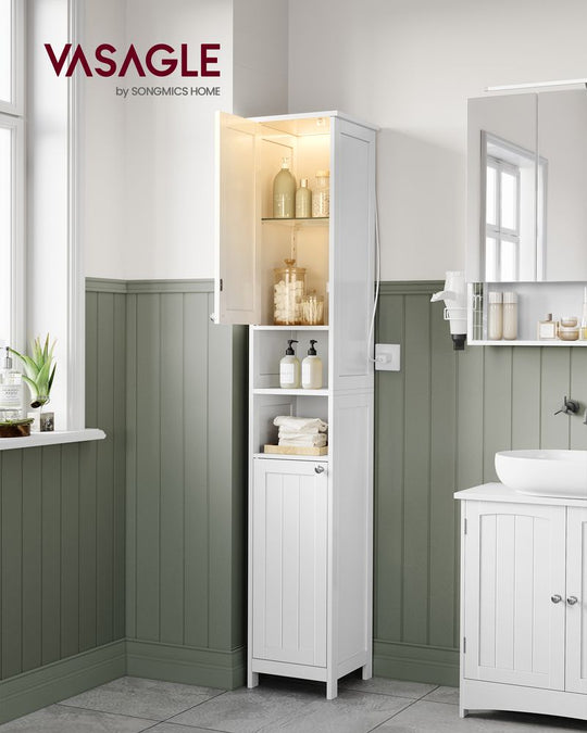 Tall Narrow Bathroom Cabinet | Door Activated Light With Adjustable Shelves