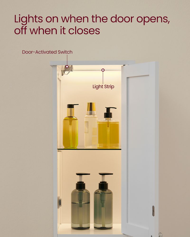 Tall Narrow Bathroom Cabinet | Door Activated Light With Adjustable Shelves