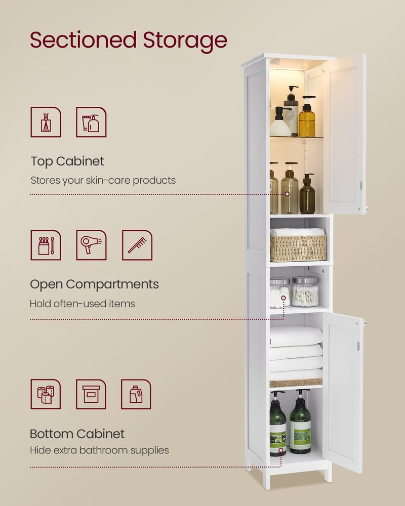Tall Narrow Bathroom Cabinet | Door Activated Light With Adjustable Shelves