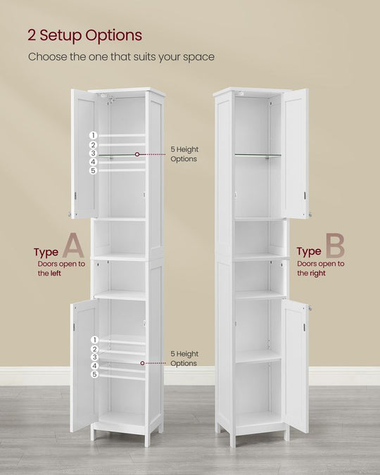 Tall Narrow Bathroom Cabinet | Door Activated Light With Adjustable Shelves