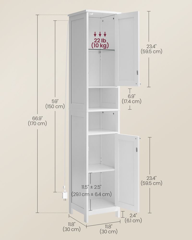 Tall Narrow Bathroom Cabinet | Door Activated Light With Adjustable Shelves
