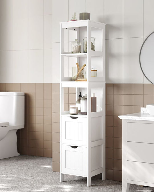 Slim Bathroom Floor Cabinet | Tall Storage With Open Shelves