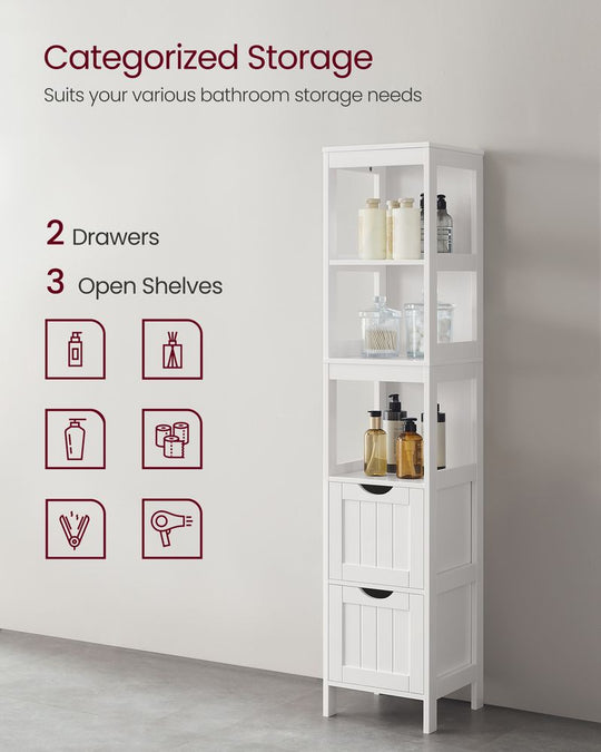 Slim Bathroom Floor Cabinet | Tall Storage With Open Shelves