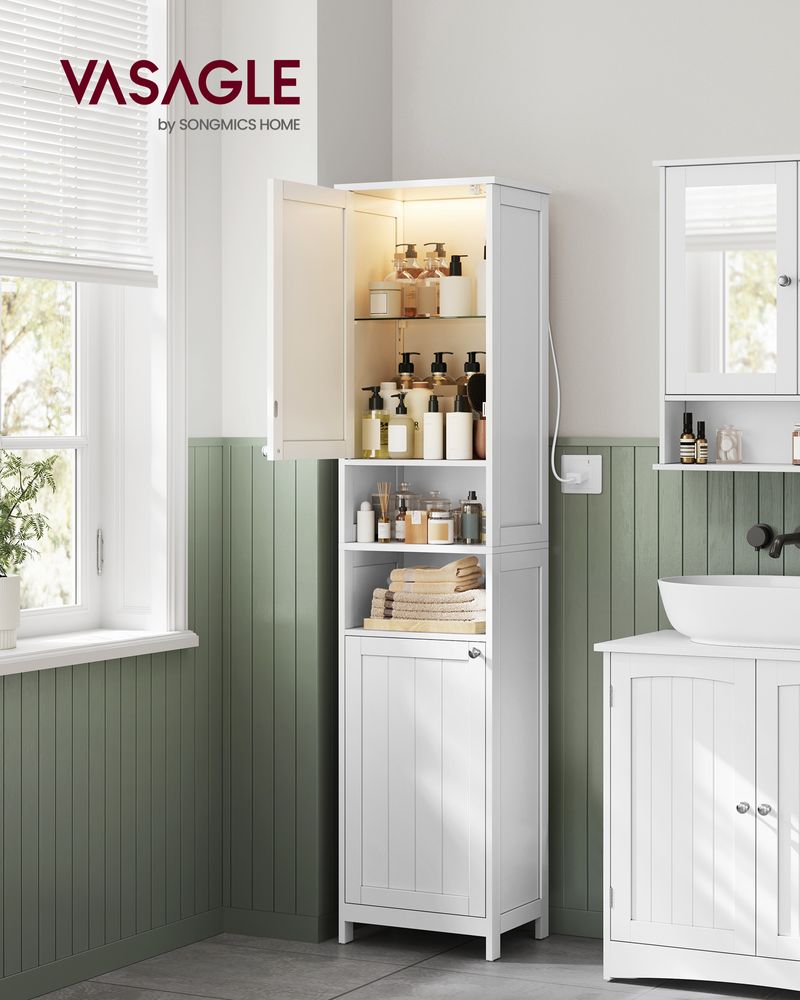 Tall Narrow Bathroom Cabinet | Door Activated Light With Adjustable Shelves