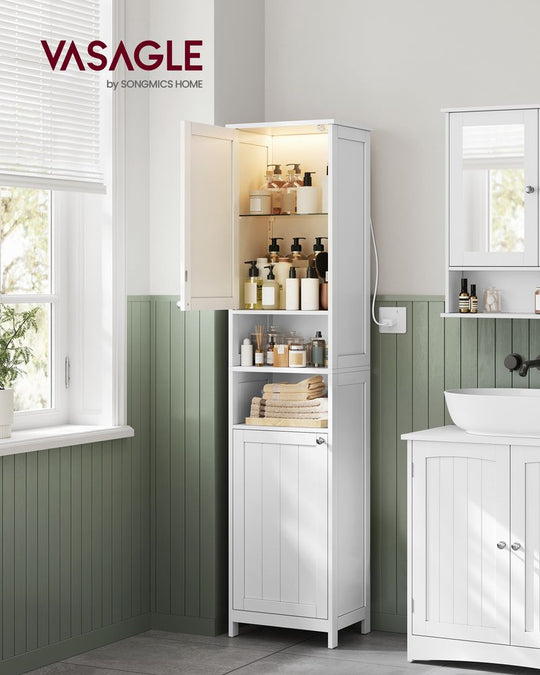Tall Narrow Bathroom Cabinet | Door Activated Light With Adjustable Shelves
