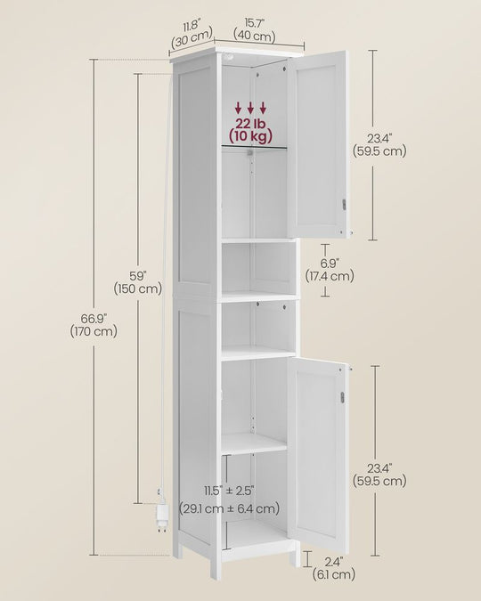Tall Narrow Bathroom Cabinet | Door Activated Light With Adjustable Shelves