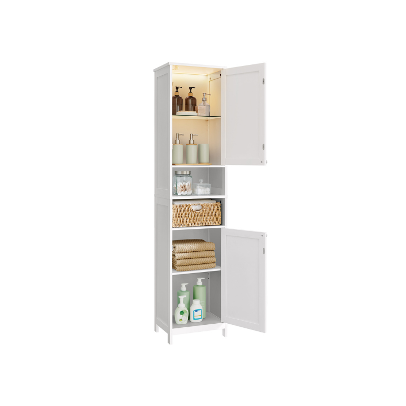 Tall Narrow Bathroom Cabinet | Door Activated Light With Adjustable Shelves