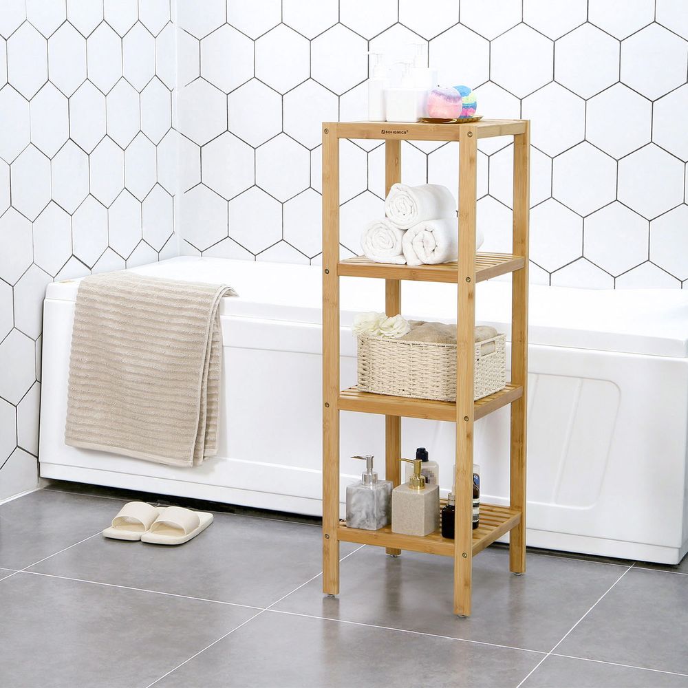 Narrow Bamboo Bathroom Shelf | Four Tier Storage Rack
