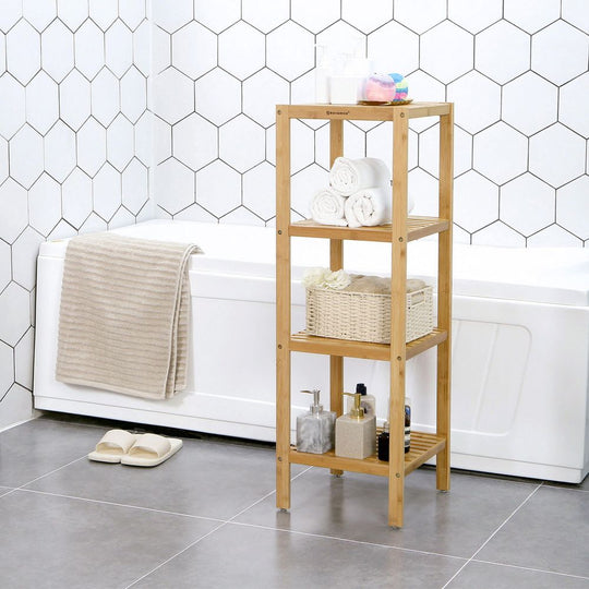 Narrow Bamboo Bathroom Shelf | Four Tier Storage Rack