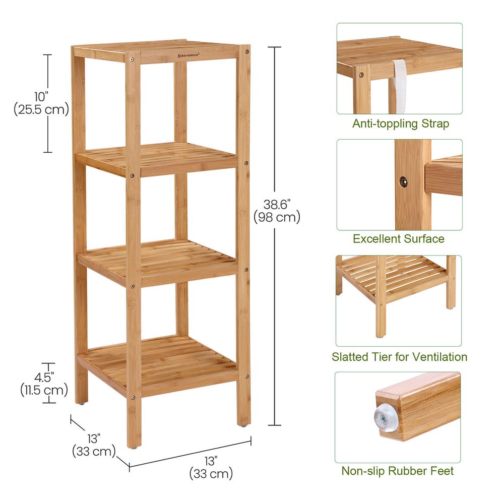 Narrow Bamboo Bathroom Shelf | Four Tier Storage Rack