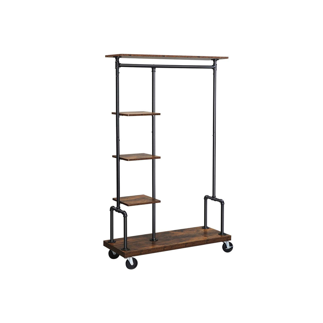 Rolling Clothes Rack | Industrial Garment Rail With Wood Shelves