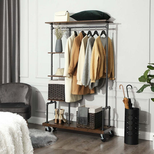 Rolling Clothes Rack | Industrial Garment Rail With Wood Shelves