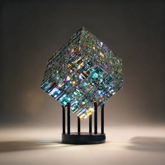 Crystal Cube Sculpture | Light-Refracting Table Centerpiece