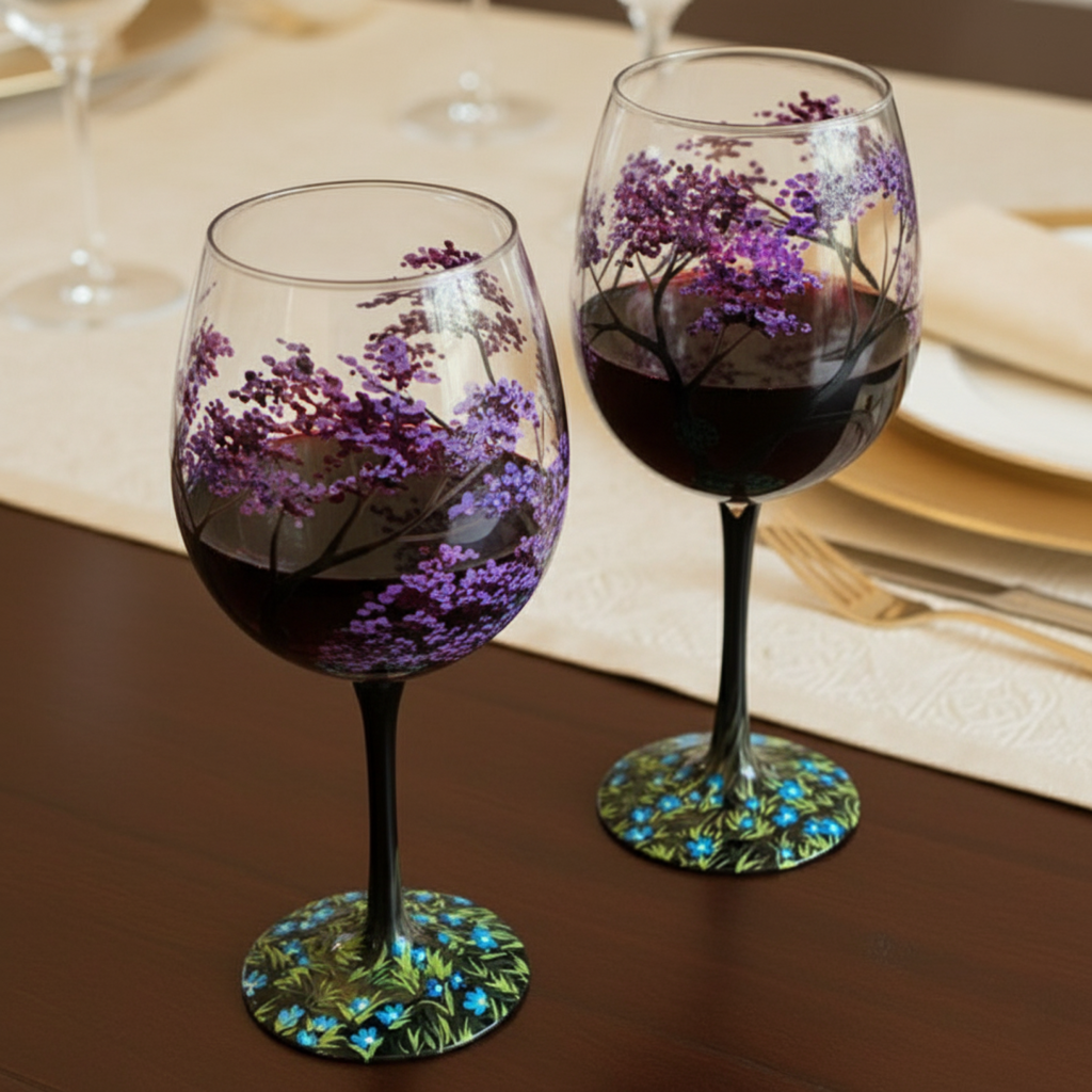 Hand-Painted Wine Glasses | Tree Motif Stemware