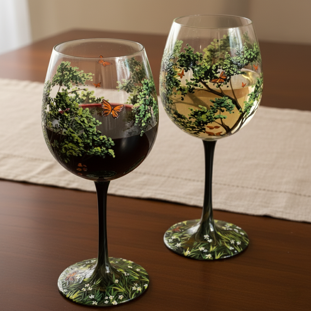 Hand-Painted Wine Glasses | Tree Motif Stemware
