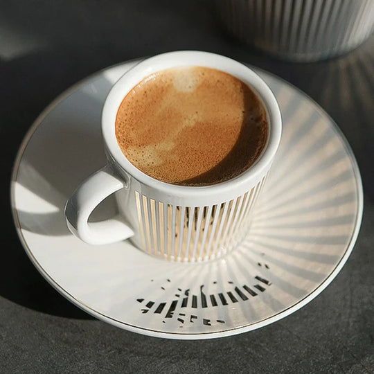 Striped Ceramic Coffee Mug | Cup and Saucer Set