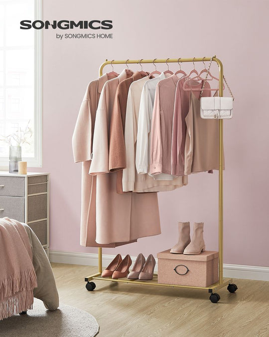 Rolling Garment Rack | Hanging Rail With Mesh Bottom Shelf