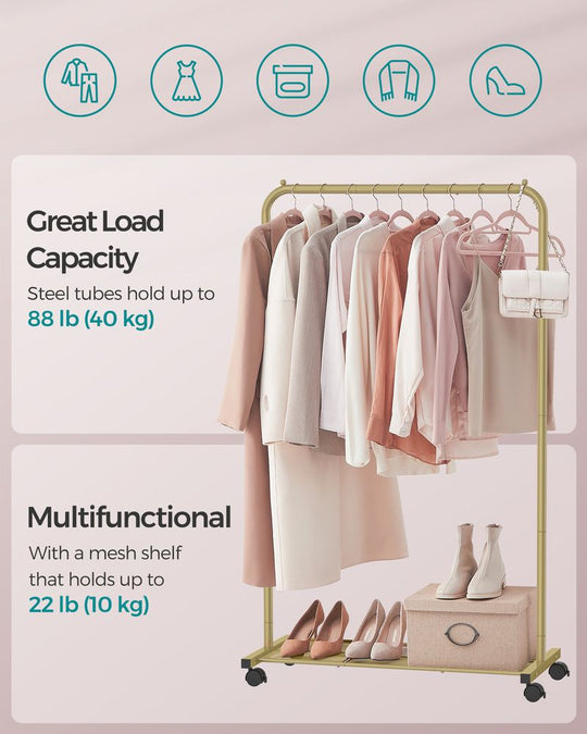 Rolling Garment Rack | Hanging Rail With Mesh Bottom Shelf