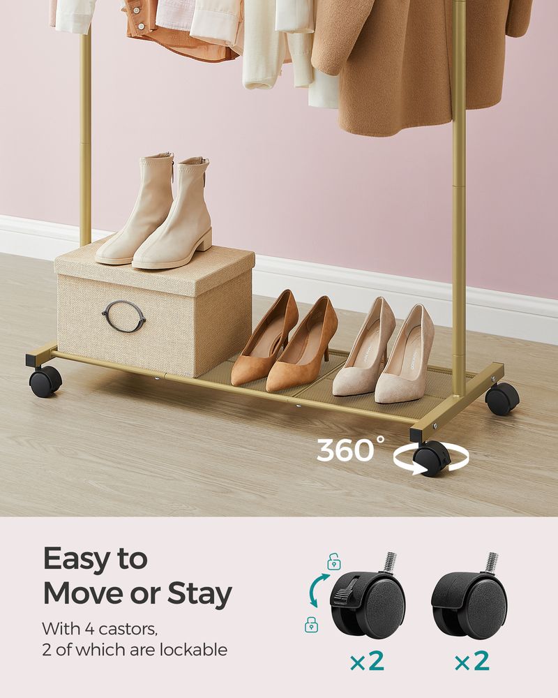 Rolling Garment Rack | Hanging Rail With Mesh Bottom Shelf