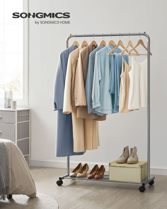 Rolling Garment Rack | Hanging Rail With Mesh Bottom Shelf
