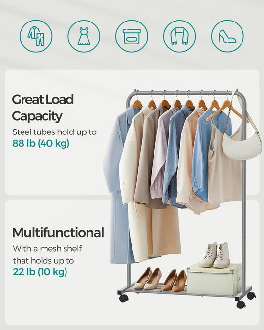 Rolling Garment Rack | Hanging Rail With Mesh Bottom Shelf