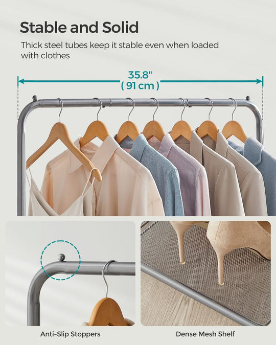 Rolling Garment Rack | Hanging Rail With Mesh Bottom Shelf