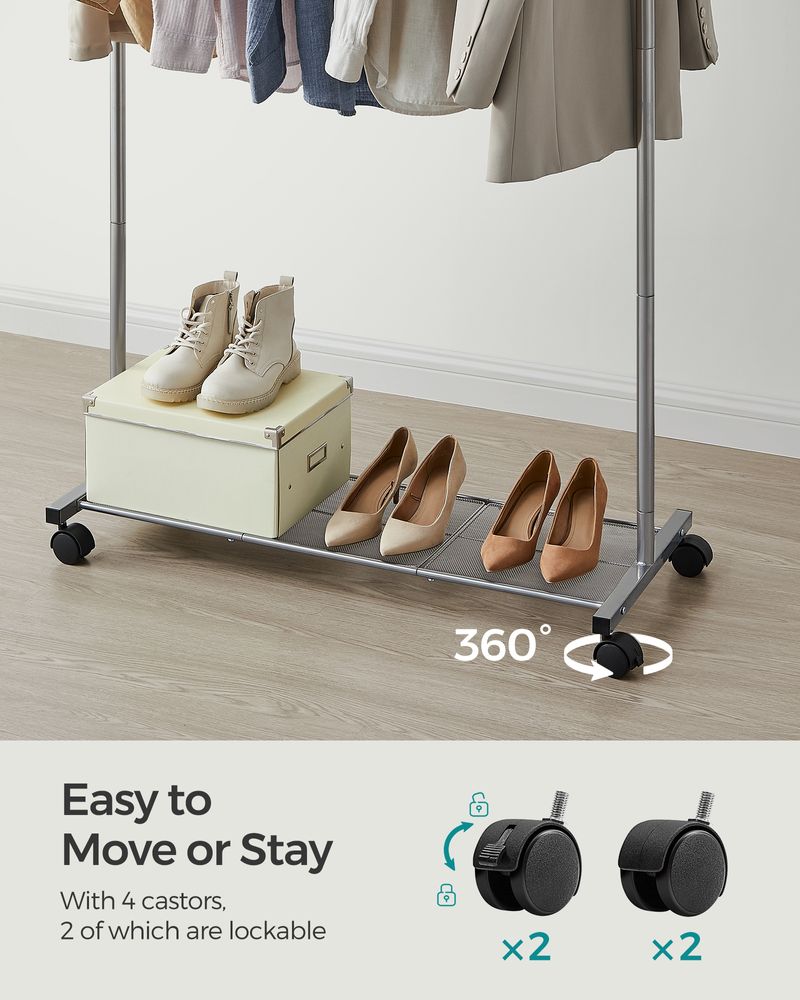 Rolling Garment Rack | Hanging Rail With Mesh Bottom Shelf