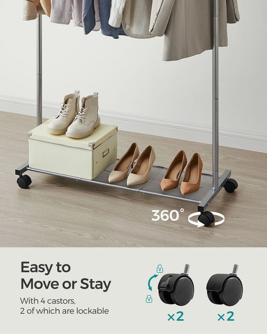 Rolling Garment Rack | Hanging Rail With Mesh Bottom Shelf