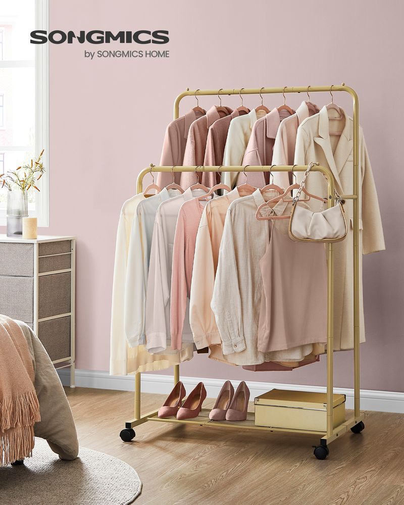 Rolling Garment Rack | Hanging Rail With Mesh Bottom Shelf