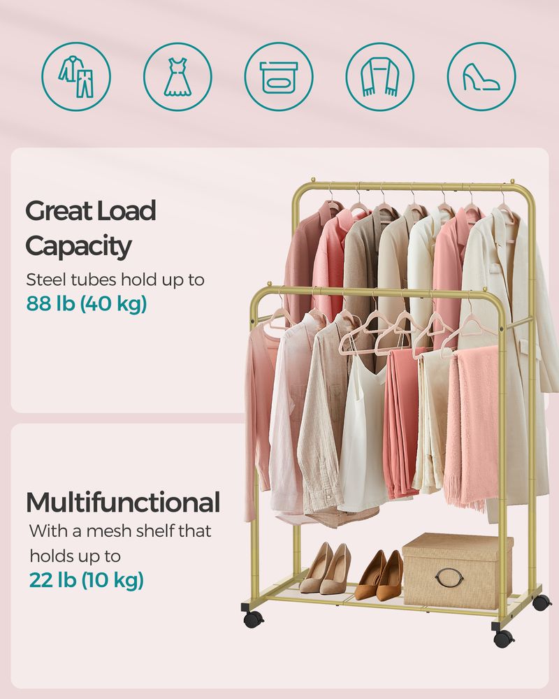 Rolling Garment Rack | Hanging Rail With Mesh Bottom Shelf