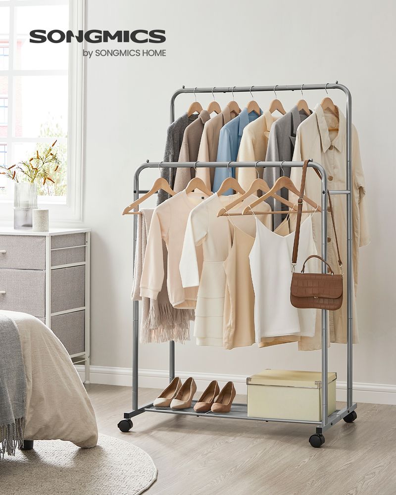 Rolling Garment Rack | Hanging Rail With Mesh Bottom Shelf