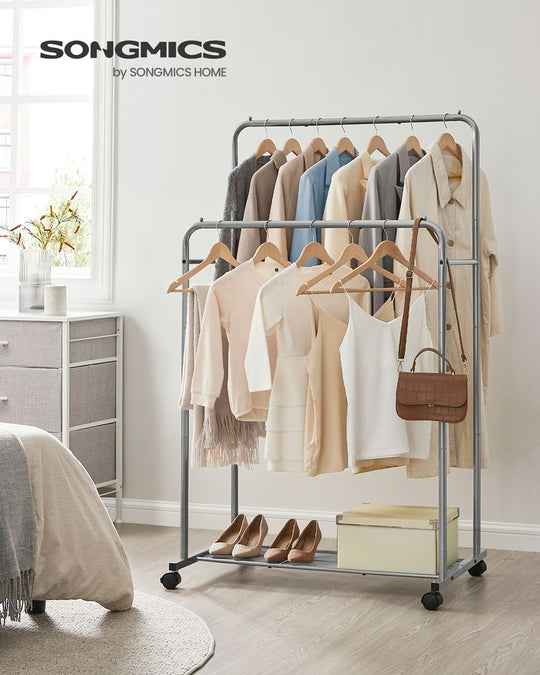 Rolling Garment Rack | Hanging Rail With Mesh Bottom Shelf