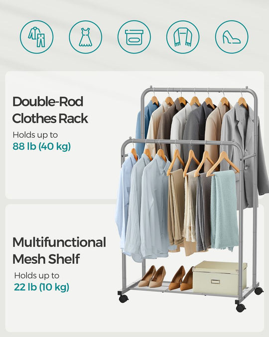 Rolling Garment Rack | Hanging Rail With Mesh Bottom Shelf