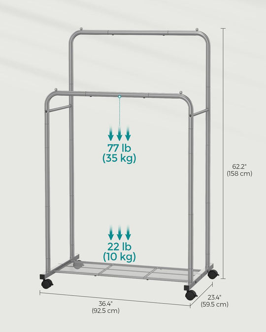 Rolling Garment Rack | Hanging Rail With Mesh Bottom Shelf