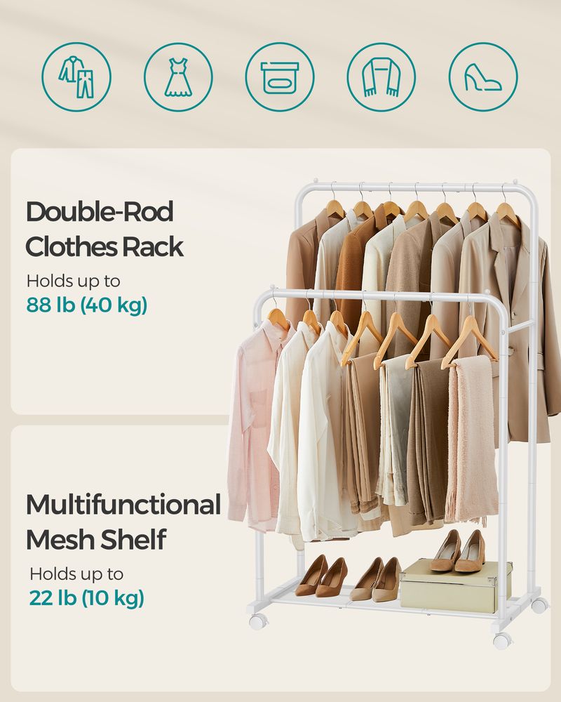 Rolling Garment Rack | Hanging Rail With Mesh Bottom Shelf