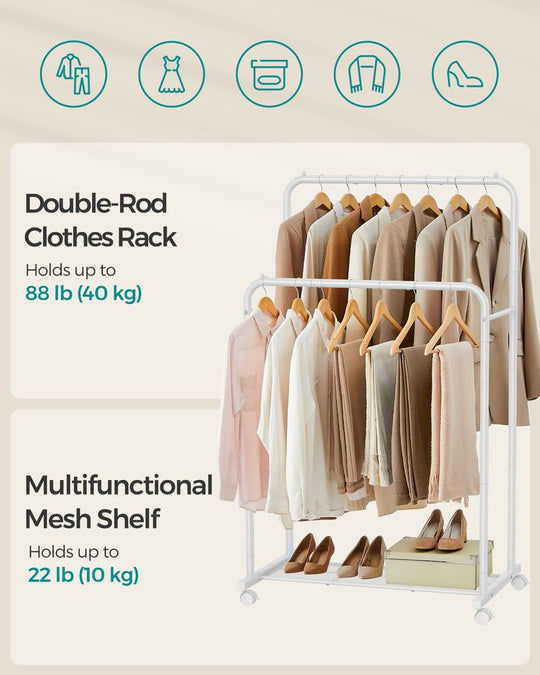 Rolling Garment Rack | Hanging Rail With Mesh Bottom Shelf