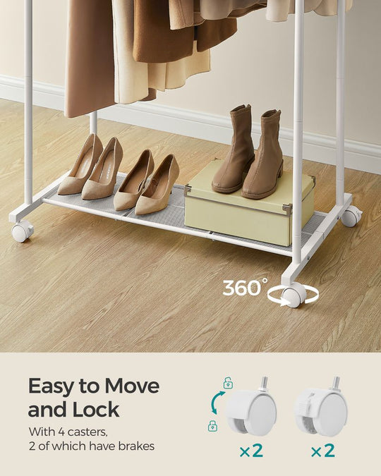 Rolling Garment Rack | Hanging Rail With Mesh Bottom Shelf