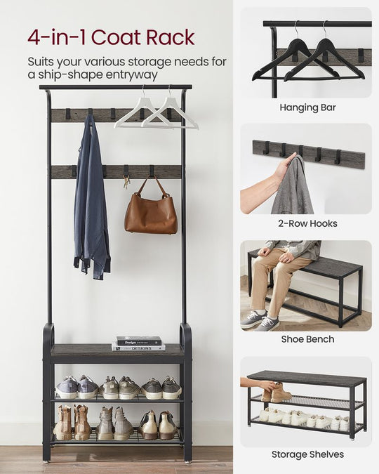 Industrial Hall Tree With Bench | Coat Hooks And Shoe Storage