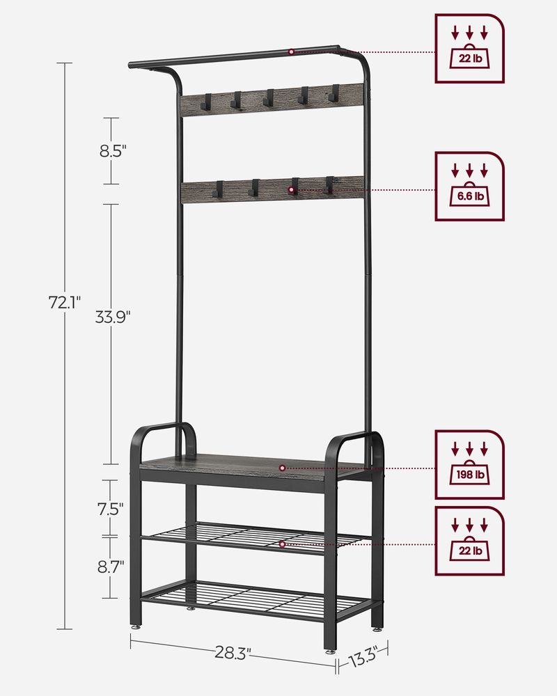 Industrial Hall Tree With Bench | Coat Hooks And Shoe Storage