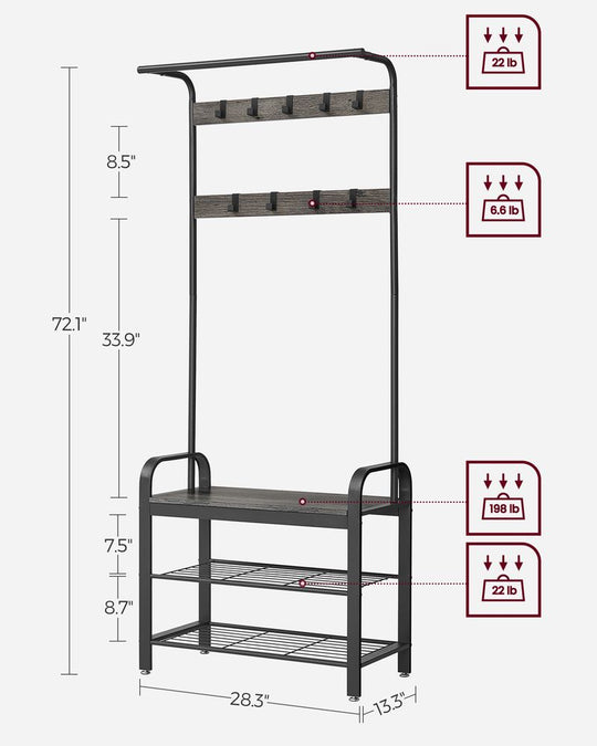 Industrial Hall Tree With Bench | Coat Hooks And Shoe Storage