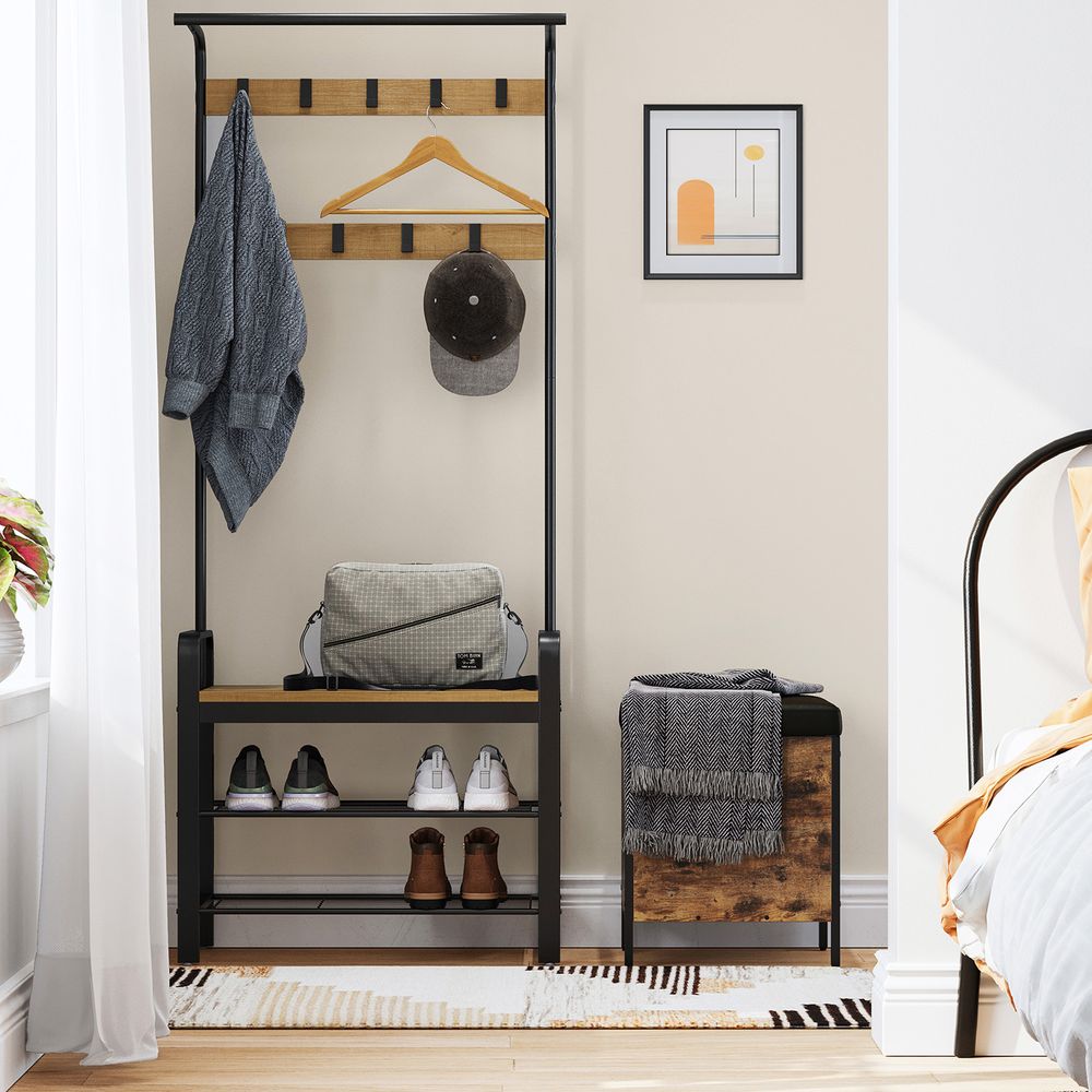 Industrial Hall Tree With Bench | Coat Hooks And Shoe Storage