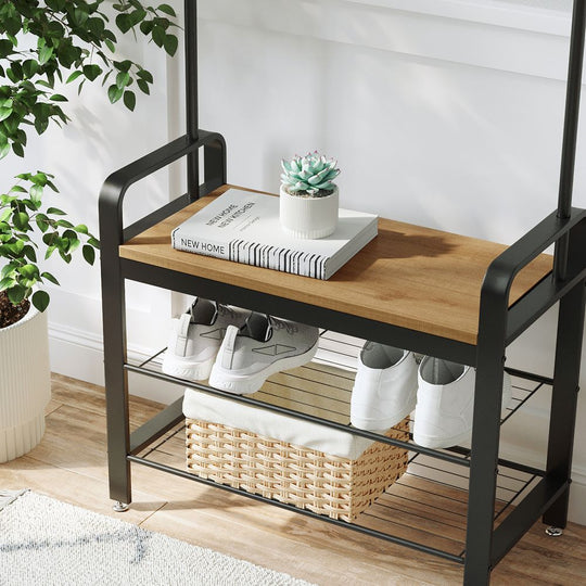 Industrial Hall Tree With Bench | Coat Hooks And Shoe Storage