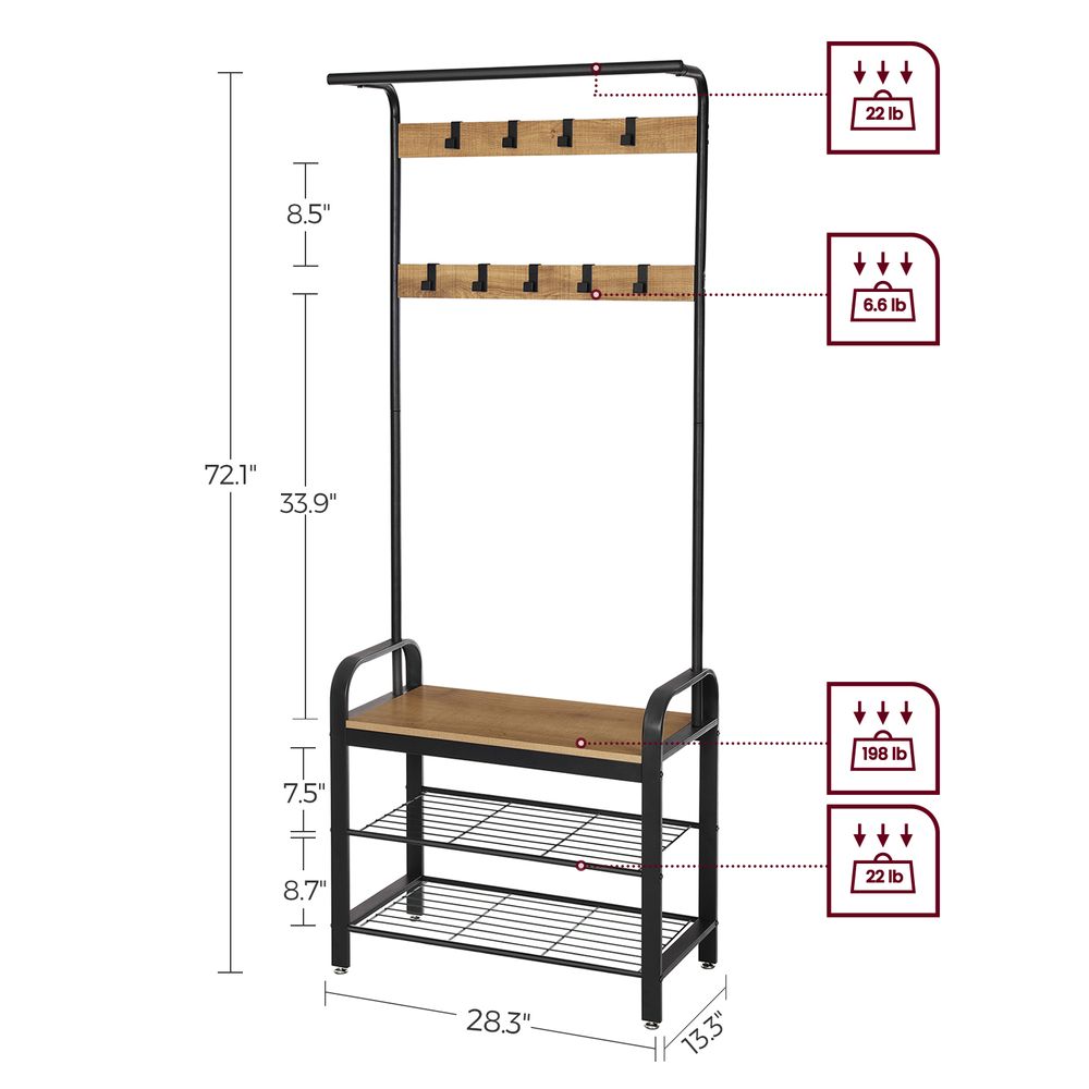 Industrial Hall Tree With Bench | Coat Hooks And Shoe Storage