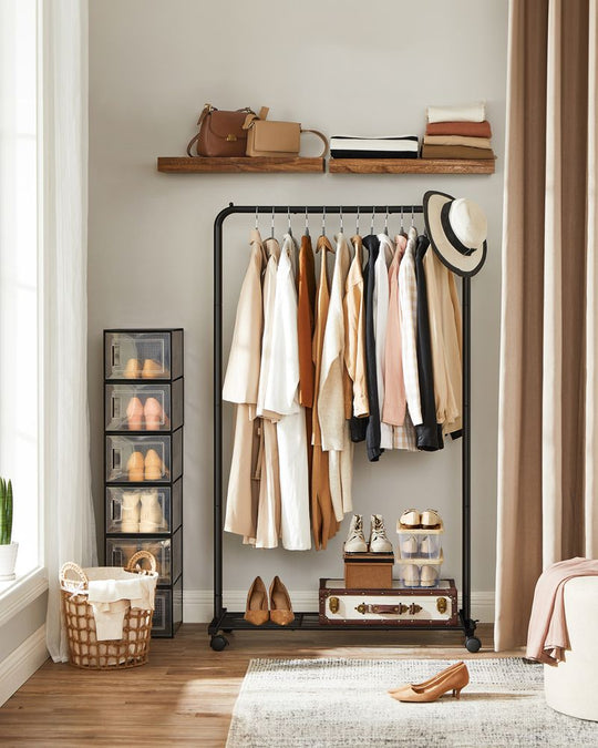 Rolling Garment Rack | Hanging Rail With Mesh Bottom Shelf