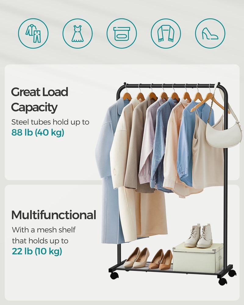 Rolling Garment Rack | Hanging Rail With Mesh Bottom Shelf
