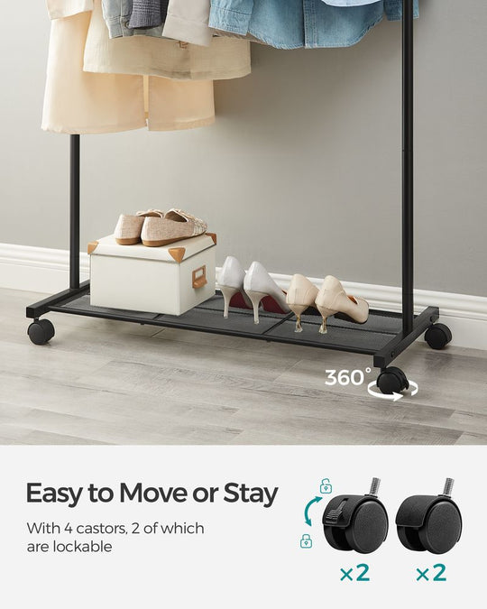 Rolling Garment Rack | Hanging Rail With Mesh Bottom Shelf